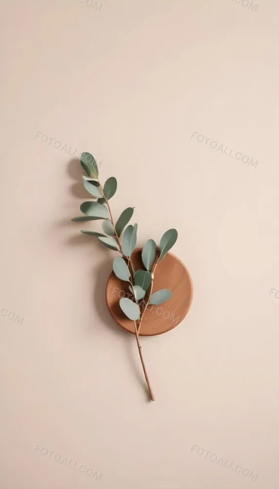 A Eucalyptus Branch On A Wooden Coaster Minimalist Style Light Beige Background Natural Lighting Clean And Simple Composition Natural Elements Neutral Color Palette 18 45c3