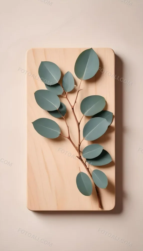 A Eucalyptus Branch On A Wooden Coaster Minimalist Style Light Beige Background Natural Lighting Clean And Simple Composition Natural Elements Neutral Color Palette 23 5b5c
