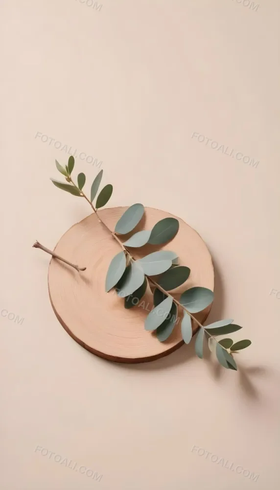 A Eucalyptus Branch On A Wooden Coaster Minimalist Style Light Beige Background Natural Lighting Clean And Simple Composition Natural Elements Neutral Color Palette 25 Ec3e