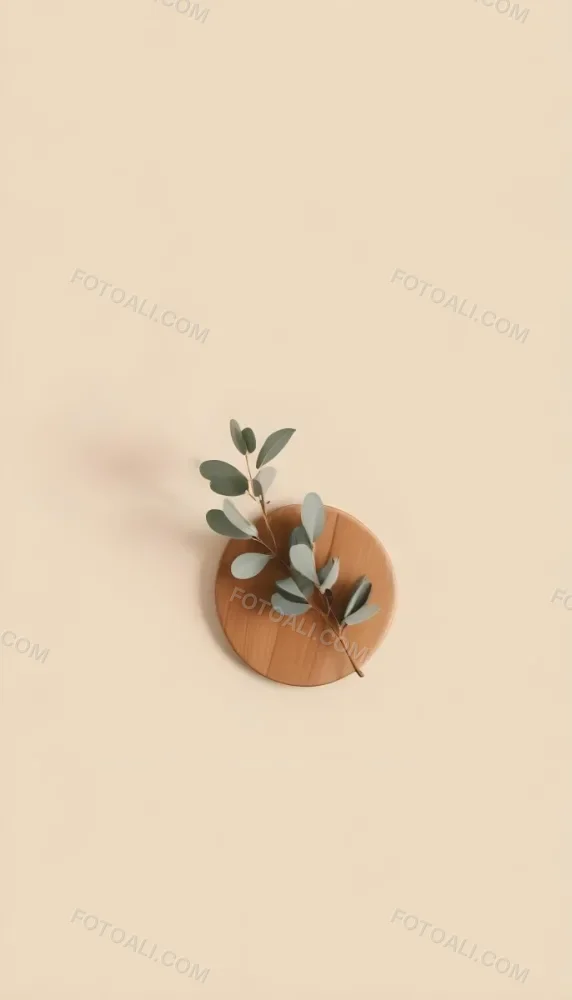 A Eucalyptus Branch On A Wooden Coaster Minimalist Style Light Beige Background Natural Lighting Clean And Simple Composition Natural Elements Neutral Color Palette 3 Dbda