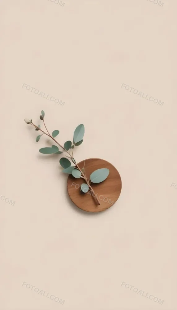 A Eucalyptus Branch On A Wooden Coaster Minimalist Style Light Beige Background Natural Lighting Clean And Simple Composition Natural Elements Neutral Color Palette 6 2eb4