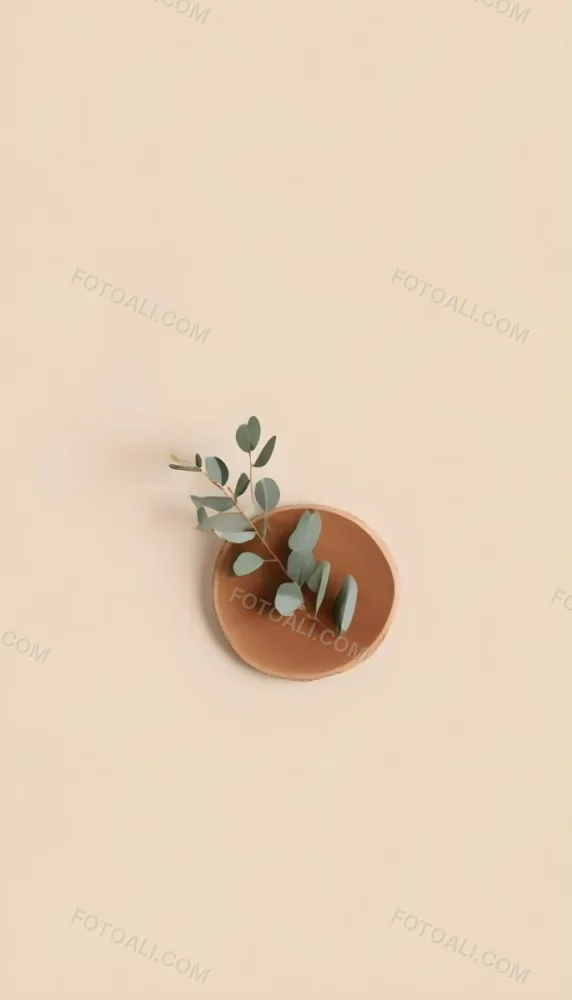 A Eucalyptus Branch On A Wooden Coaster Minimalist Style Light Beige Background Natural Lighting Clean And Simple Composition Natural Elements Neutral Color Palette 8 4c02