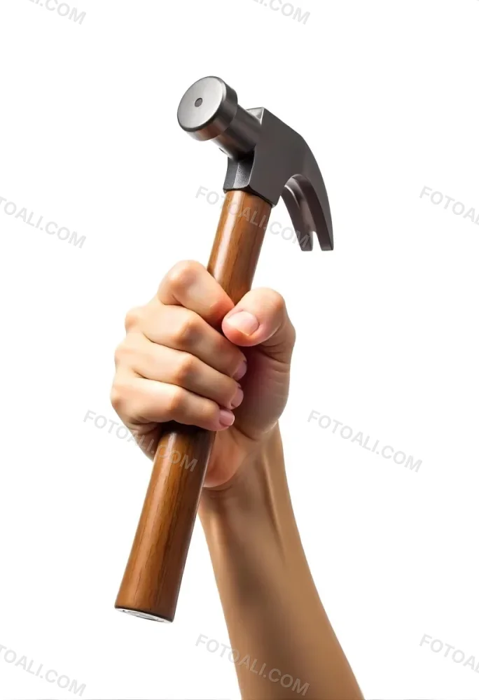 A Fair Skin Hand Holding A Hammer With A Wooden Handle White Background 26 26a6
