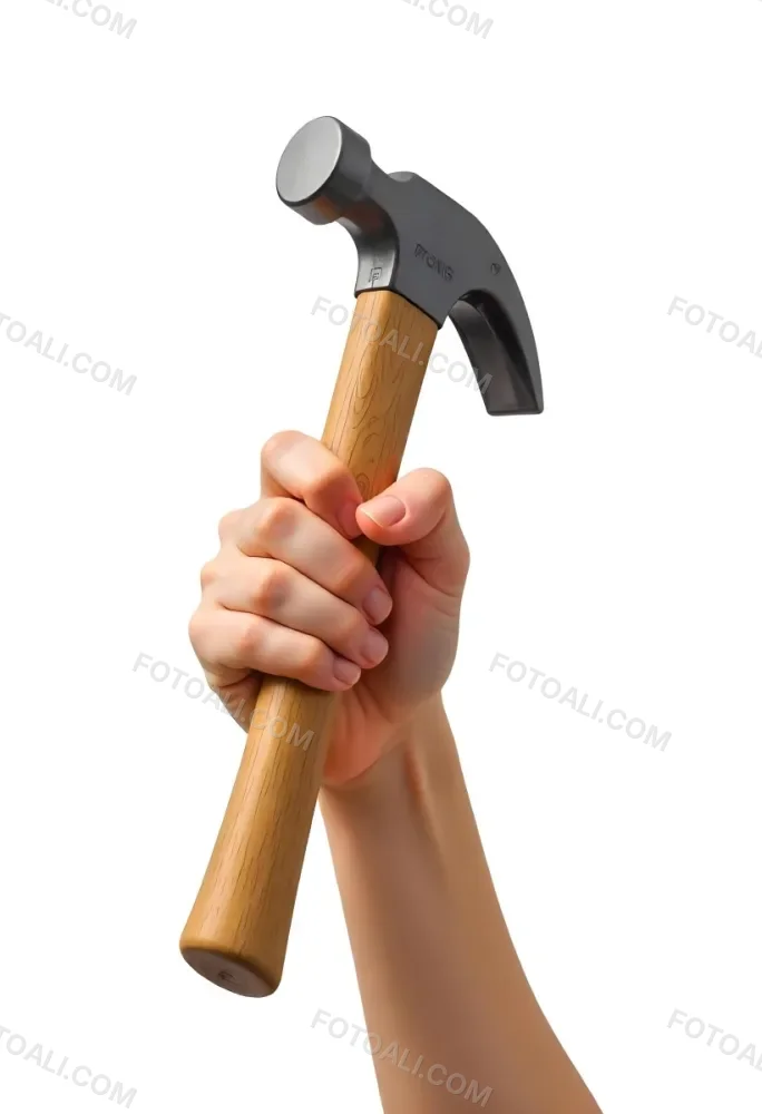 A Fair Skin Hand Holding A Hammer With A Wooden Handle White Background 4 A443