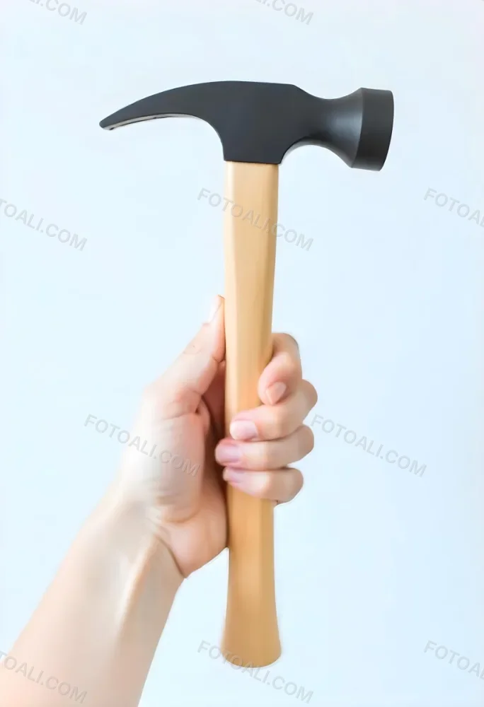 A Fair Skin Hand Holding A Hammer With A Wooden Handle White Background 8 0435