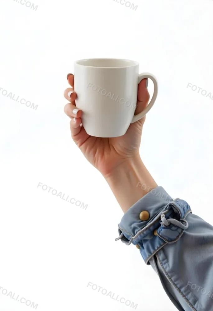 A Fair Skinned Hand Holding A Green Mug The Hand Has White Nail Polish Wearing A Denim Jacket White Background 1 B97b