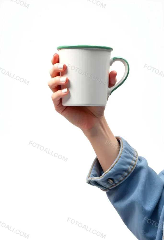 A Fair Skinned Hand Holding A Green Mug The Hand Has White Nail Polish Wearing A Denim Jacket White Background 10 A428