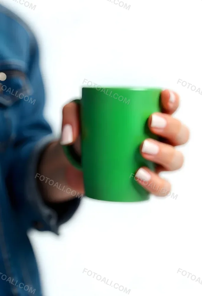 A Fair Skinned Hand Holding A Green Mug The Hand Has White Nail Polish Wearing A Denim Jacket White Background 12 4b71
