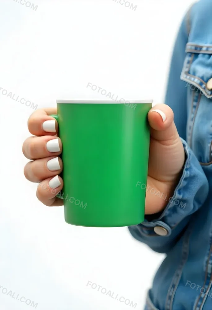 A Fair Skinned Hand Holding A Green Mug The Hand Has White Nail Polish Wearing A Denim Jacket White Background 17 7f98