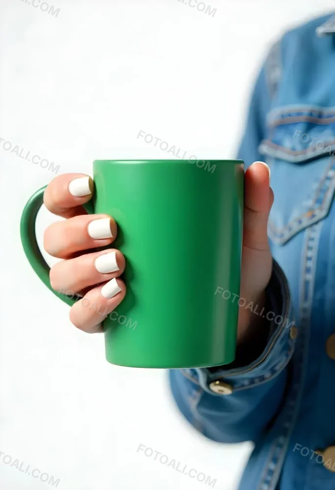 A Fair Skinned Hand Holding A Green Mug The Hand Has White Nail Polish Wearing A Denim Jacket White Background 18 E165
