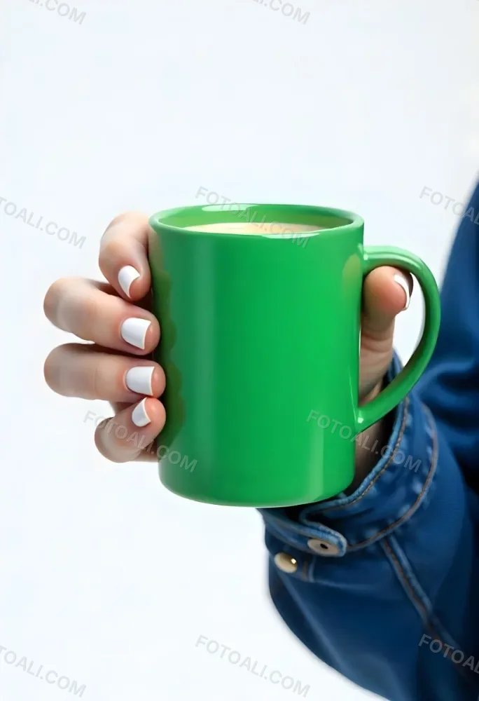 A Fair Skinned Hand Holding A Green Mug The Hand Has White Nail Polish Wearing A Denim Jacket White Background 19 F92e