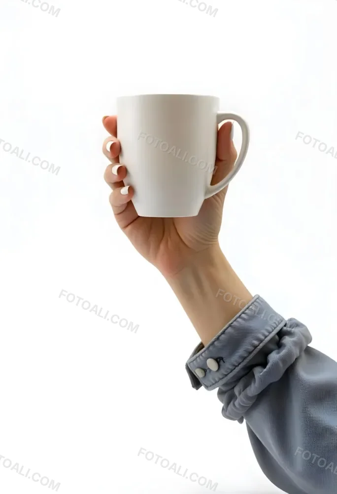A Fair Skinned Hand Holding A Green Mug The Hand Has White Nail Polish Wearing A Denim Jacket White Background 2 331c