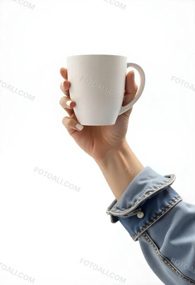 A Fair Skinned Hand Holding A Green Mug The Hand Has White Nail Polish Wearing A Denim Jacket White Background 3 9bb0