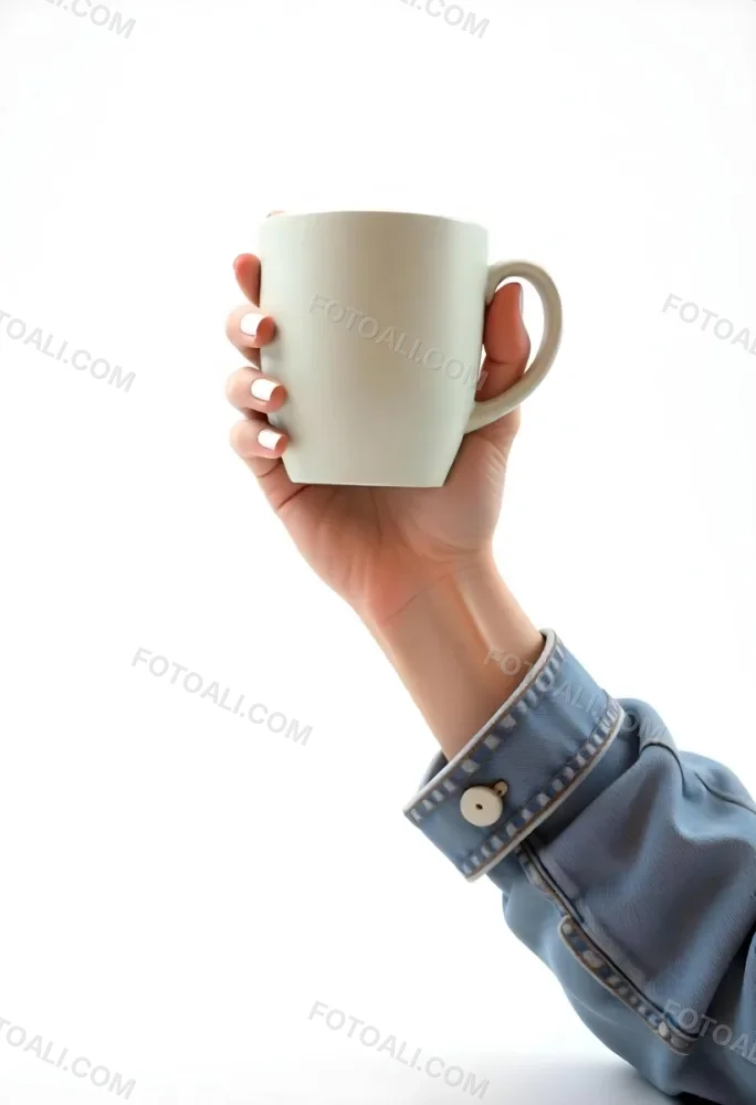 A Fair Skinned Hand Holding A Green Mug The Hand Has White Nail Polish Wearing A Denim Jacket White Background 4 9bb5