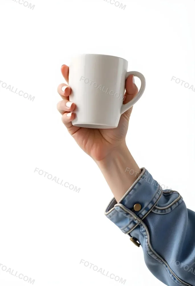 A Fair Skinned Hand Holding A Green Mug The Hand Has White Nail Polish Wearing A Denim Jacket White Background 5 Cd65