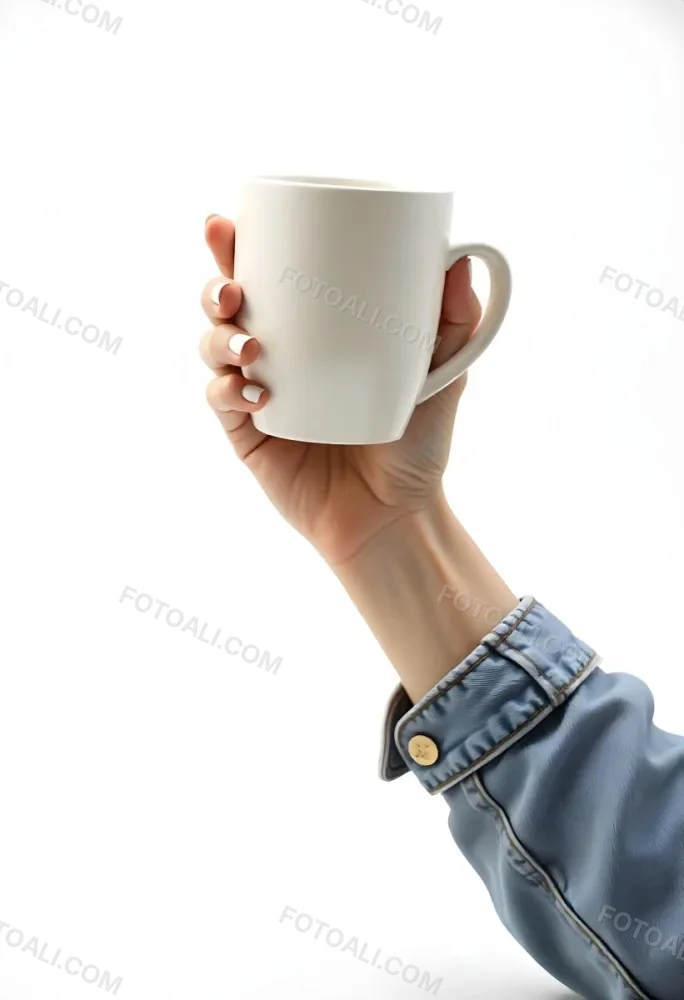 A Fair Skinned Hand Holding A Green Mug The Hand Has White Nail Polish Wearing A Denim Jacket White Background 6 95a0