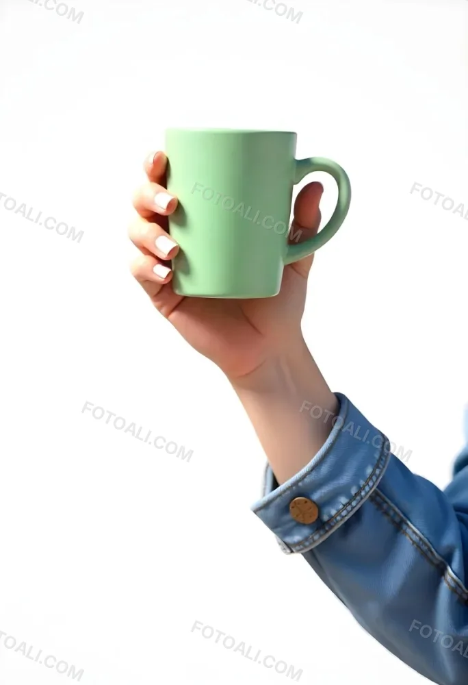 A Fair Skinned Hand Holding A Green Mug The Hand Has White Nail Polish Wearing A Denim Jacket White Background 8 6893