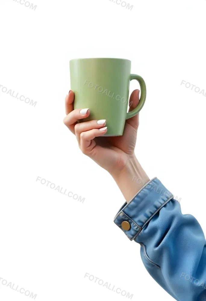 A Fair Skinned Hand Holding A Green Mug The Hand Has White Nail Polish Wearing A Denim Jacket White Background 9 4aab