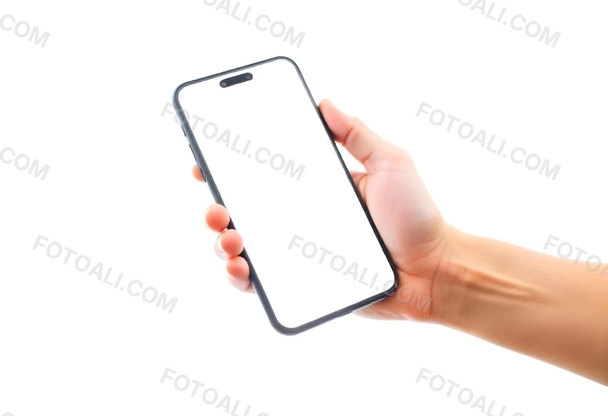 A Fair Skinned Hand Holding A White Smartphone With A Blank Black Screen Isolated On A Black Background 22 Df37
