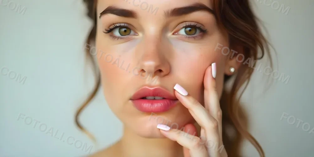 A Fair Skinned Woman Around 25 Years Old With Pink Lips And White Nails With Pink Stripes In A Studio 10 1637
