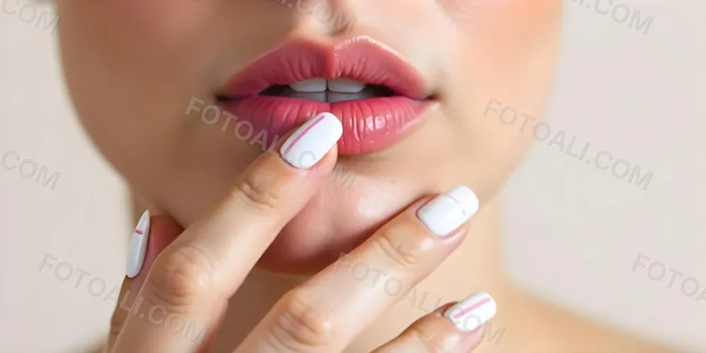 A Fair Skinned Woman Around 25 Years Old With Pink Lips And White Nails With Pink Stripes In A Studio 11 26dd
