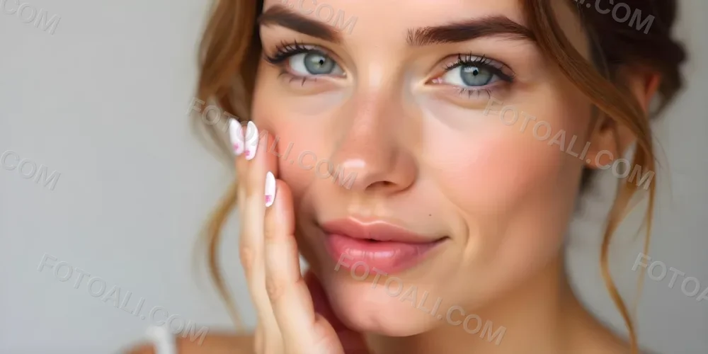 A Fair Skinned Woman Around 25 Years Old With Pink Lips And White Nails With Pink Stripes In A Studio 15 0a4b