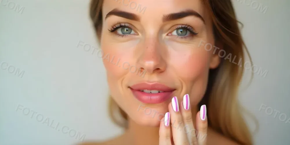A Fair Skinned Woman Around 25 Years Old With Pink Lips And White Nails With Pink Stripes In A Studio 19 Db65