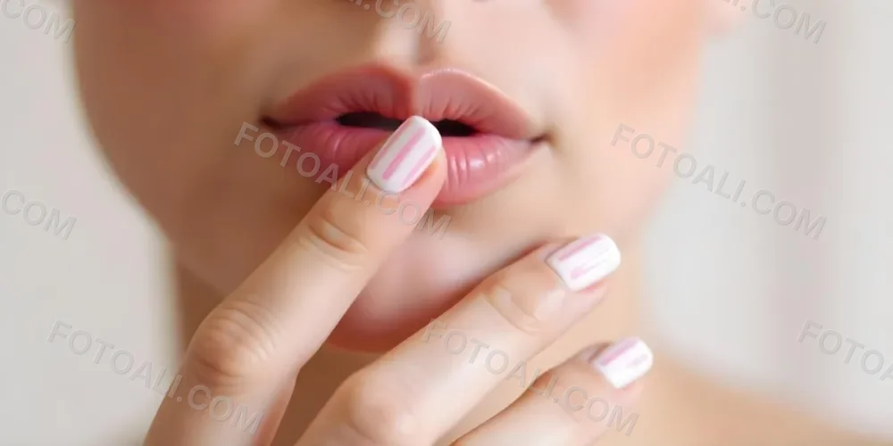 A Fair Skinned Woman Around 25 Years Old With Pink Lips And White Nails With Pink Stripes In A Studio 4 B888