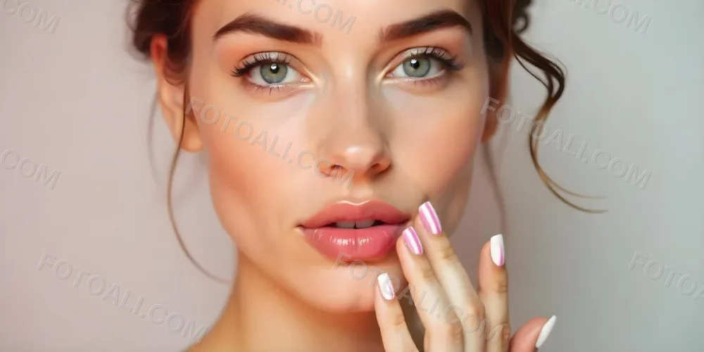 A Fair Skinned Woman Around 25 Years Old With Pink Lips And White Nails With Pink Stripes In A Studio 9 9f8f