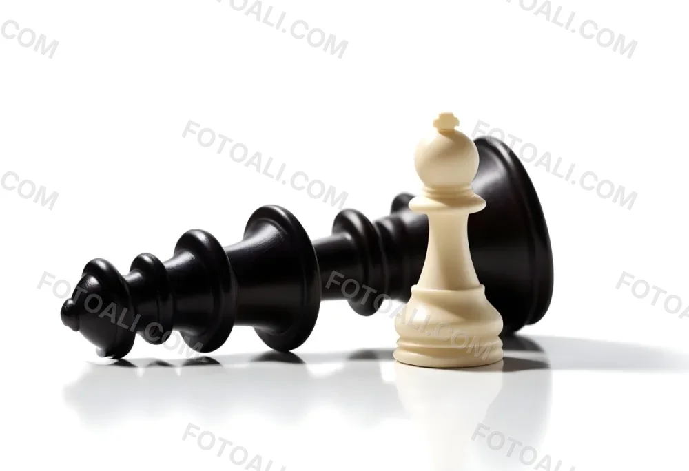 A Fallen Black King Chess Piece Next To A White Pawn On A White Background Dramatic Lighting Studio Shot Victory Concept Strategy Game 1 9914