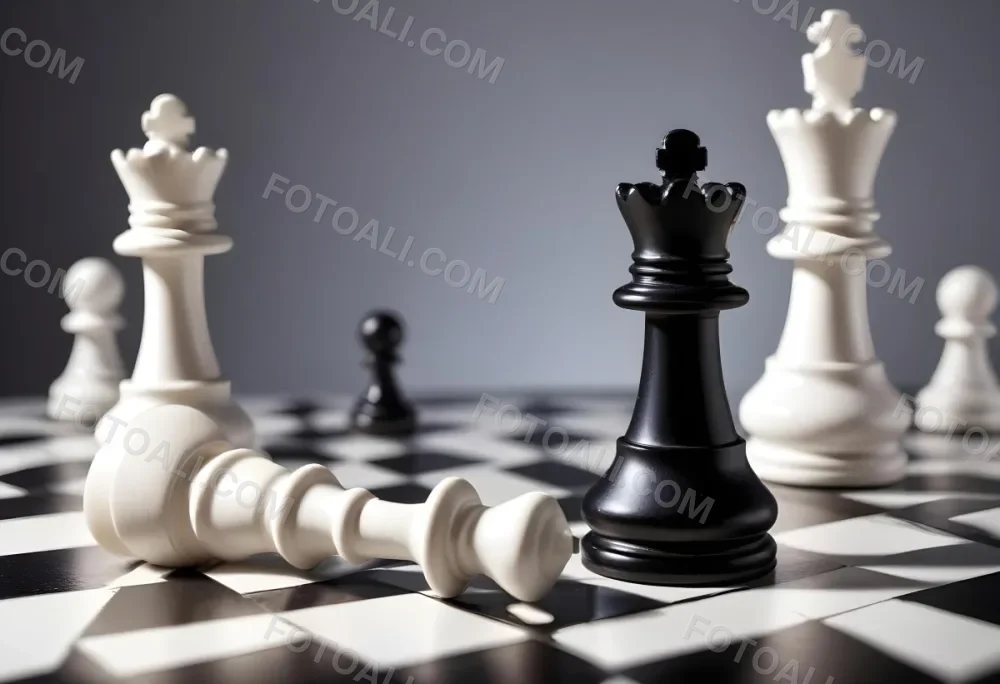 A Fallen Black King Chess Piece Next To A White Pawn On A White Background Dramatic Lighting Studio Shot Victory Concept Strategy Game 4 9122