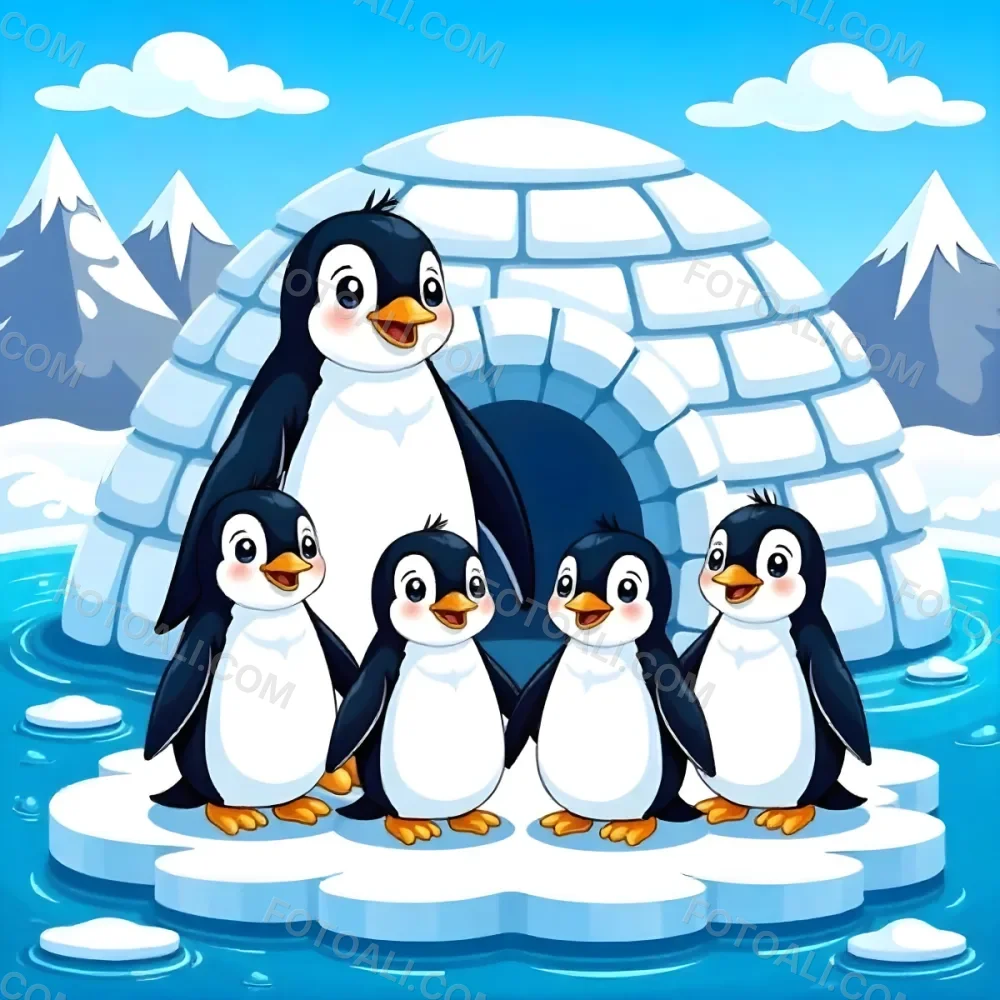 A Family Of Five Penguins Standing On A Glacier With An Igloo Behind Them Mountains And Clouds In The Background Cartoon Style 4 B1ae