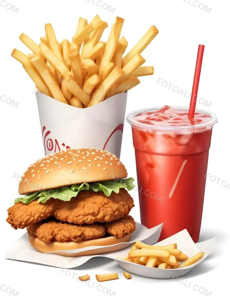 A Fast Food Meal Consisting Of A Fried Chicken Sandwich French Fries And A Red Soda Drink 8 2892