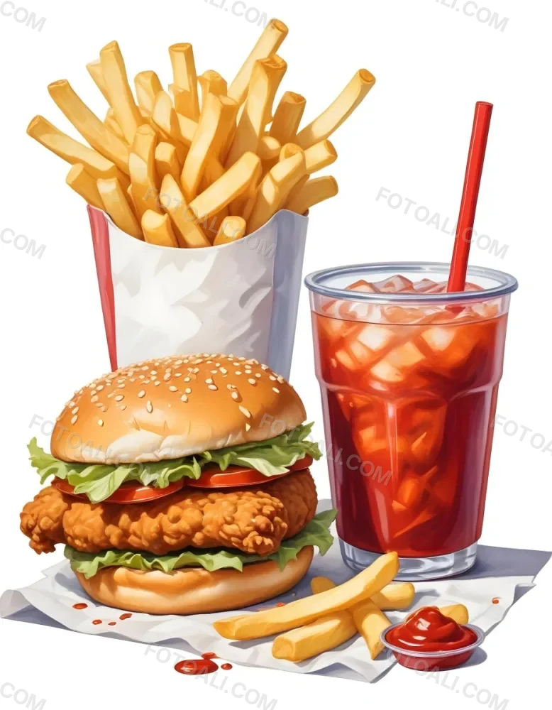 A Fast Food Meal Consisting Of A Fried Chicken Sandwich French Fries And A Red Soda Drink 80 0e4f