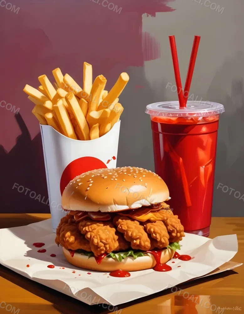 A Fast Food Meal Consisting Of A Fried Chicken Sandwich French Fries And A Red Soda Drink 82 77c2