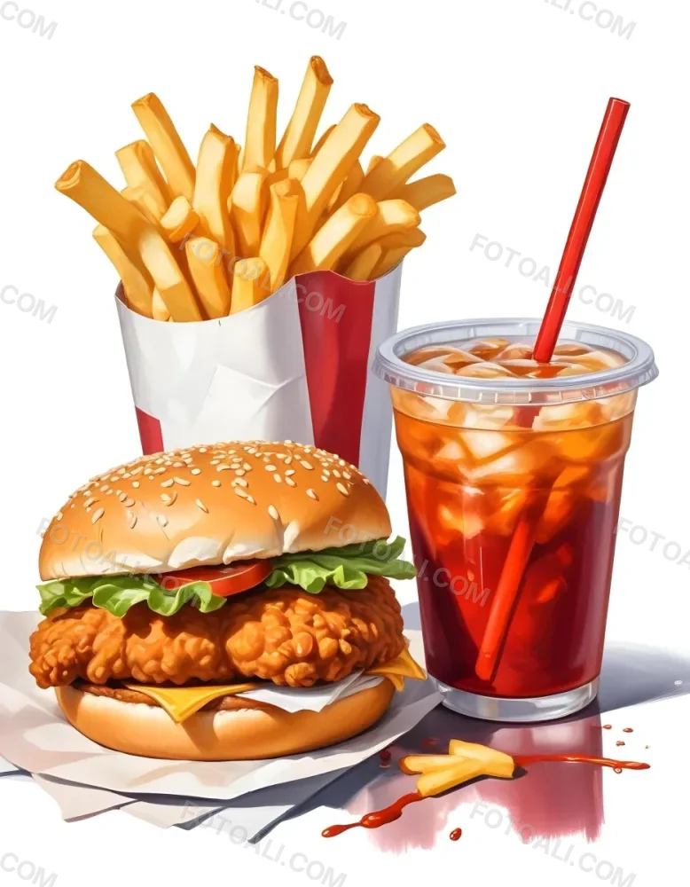A Fast Food Meal Consisting Of A Fried Chicken Sandwich French Fries And A Red Soda Drink 87 1e7a