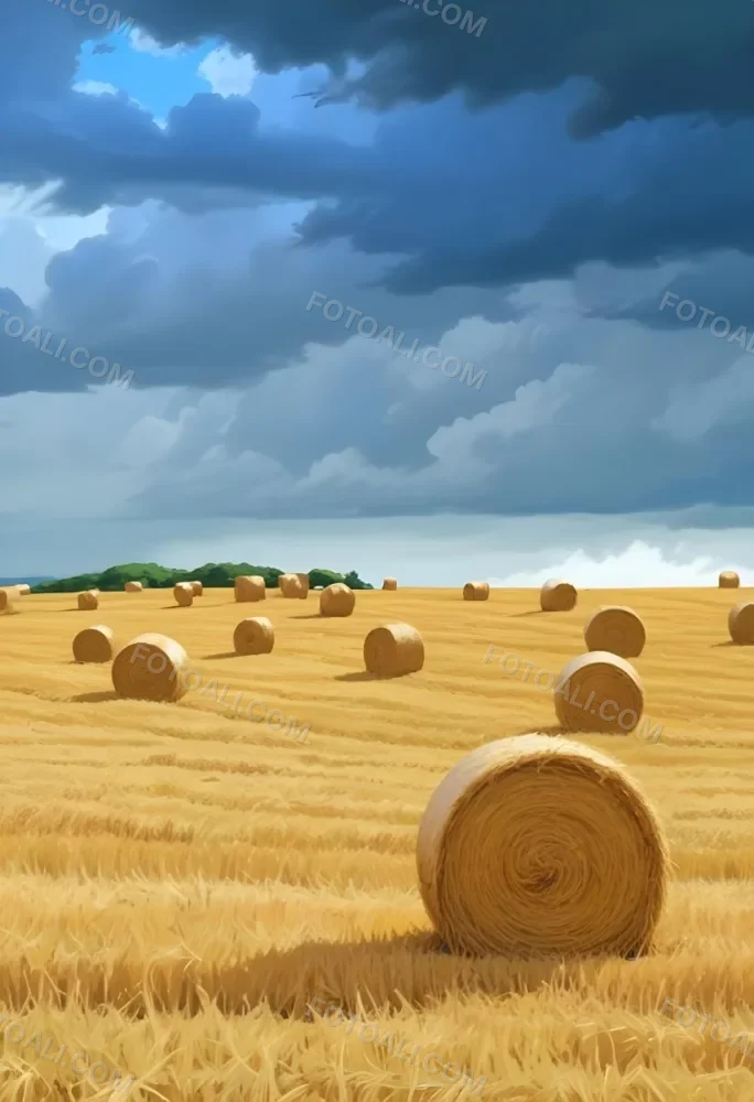 A Field With Golden Hay Bales Scattered Across A Rolling Landscape Under A Dramatic Cloudy Sky With Lush Green Hills In The Background 1 4d79