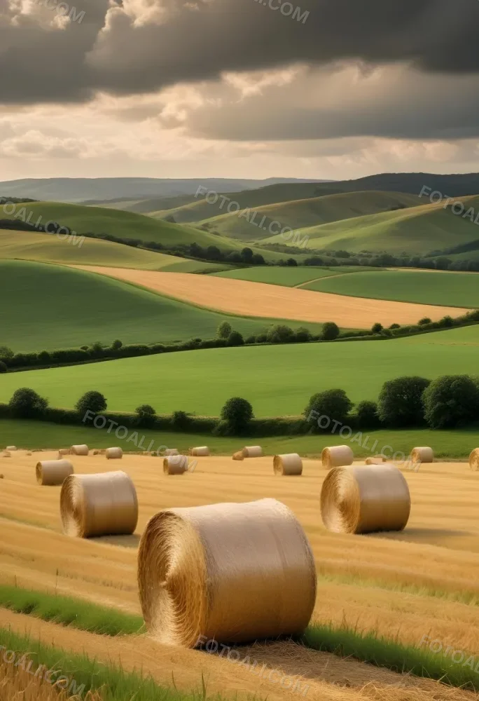 A Field With Golden Hay Bales Scattered Across A Rolling Landscape Under A Dramatic Cloudy Sky With Lush Green Hills In The Background 14 9f15