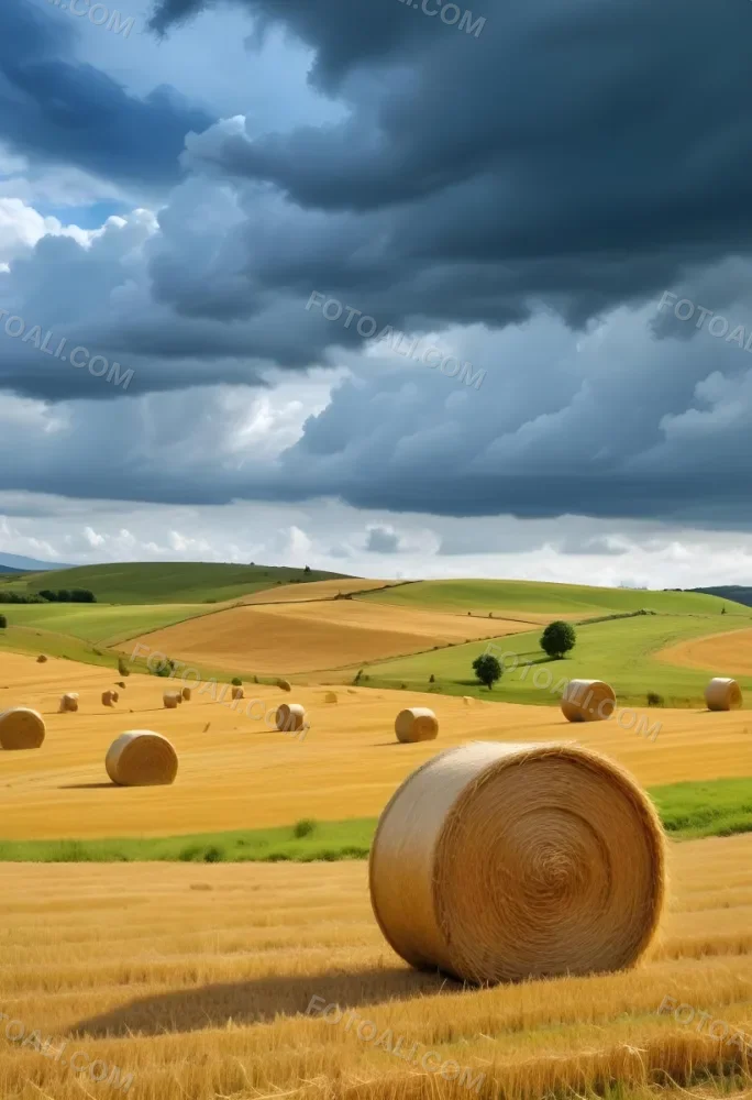 A Field With Golden Hay Bales Scattered Across A Rolling Landscape Under A Dramatic Cloudy Sky With Lush Green Hills In The Background 16 7a6c
