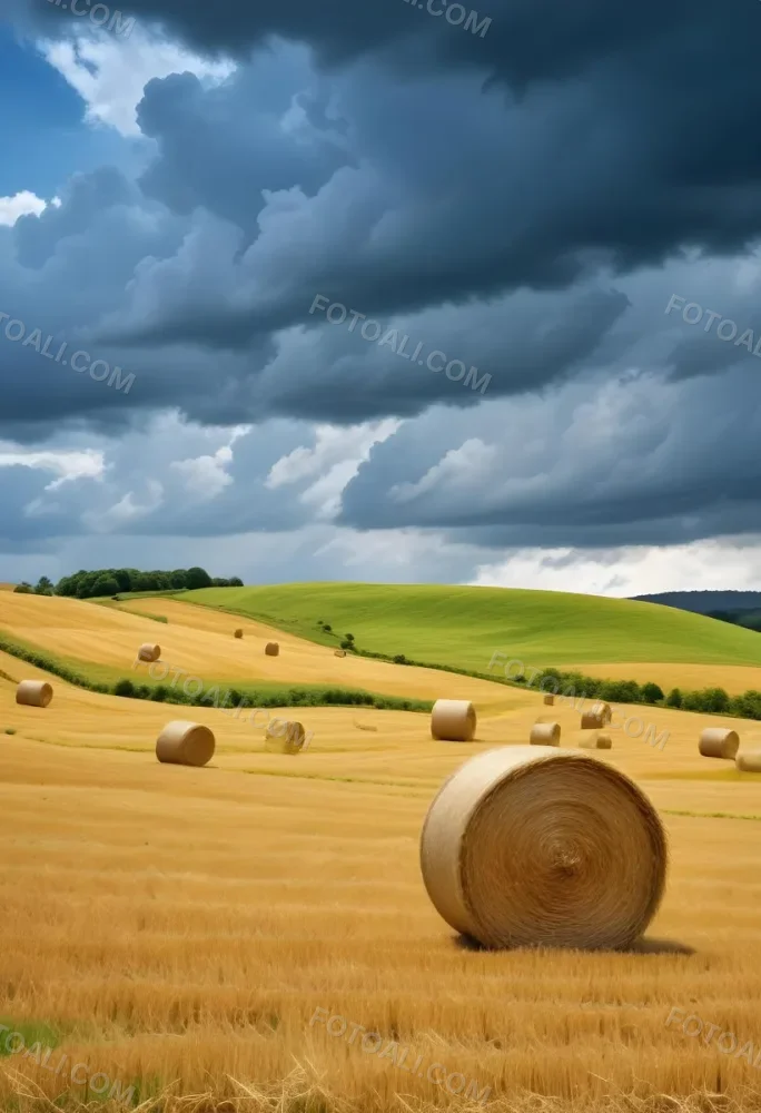 A Field With Golden Hay Bales Scattered Across A Rolling Landscape Under A Dramatic Cloudy Sky With Lush Green Hills In The Background 19 16fc