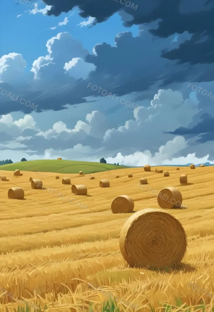 A Field With Golden Hay Bales Scattered Across A Rolling Landscape Under A Dramatic Cloudy Sky With Lush Green Hills In The Background 2 F24a
