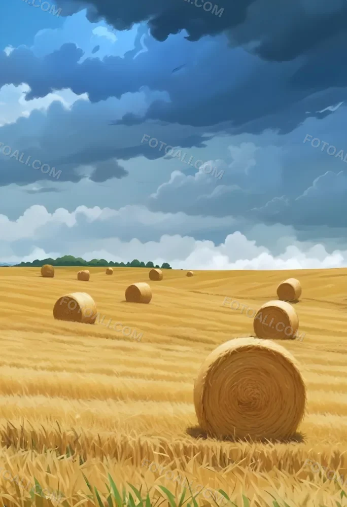 A Field With Golden Hay Bales Scattered Across A Rolling Landscape Under A Dramatic Cloudy Sky With Lush Green Hills In The Background 20 000f