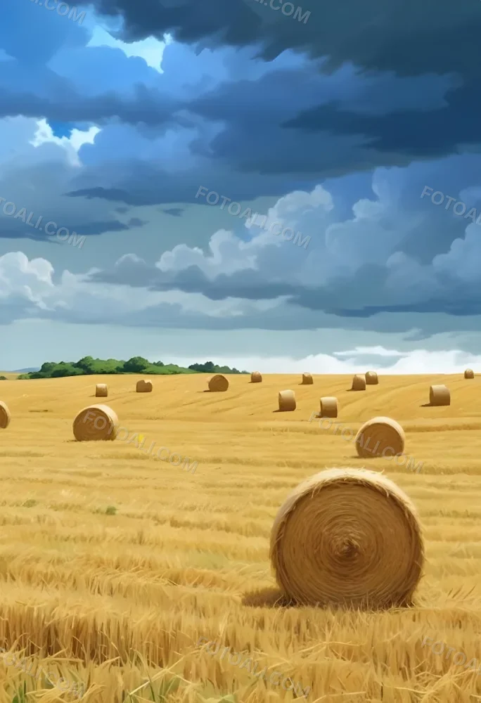 A Field With Golden Hay Bales Scattered Across A Rolling Landscape Under A Dramatic Cloudy Sky With Lush Green Hills In The Background 3 B01a