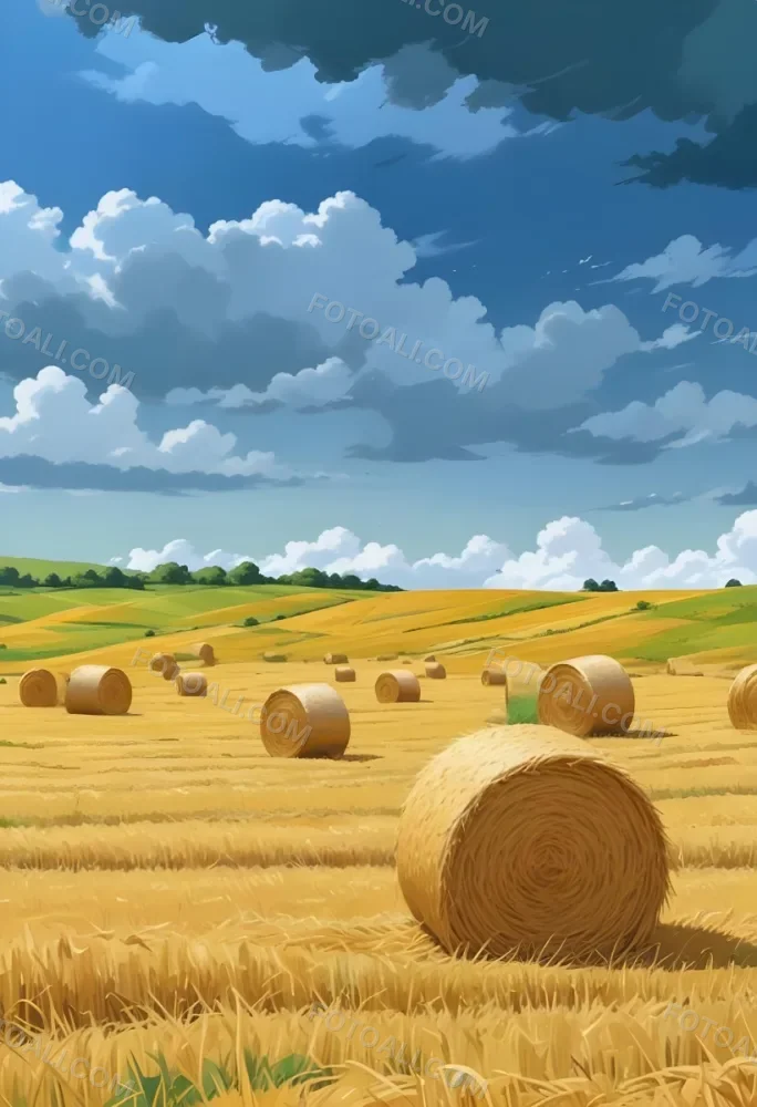 A Field With Golden Hay Bales Scattered Across A Rolling Landscape Under A Dramatic Cloudy Sky With Lush Green Hills In The Background 4 6959