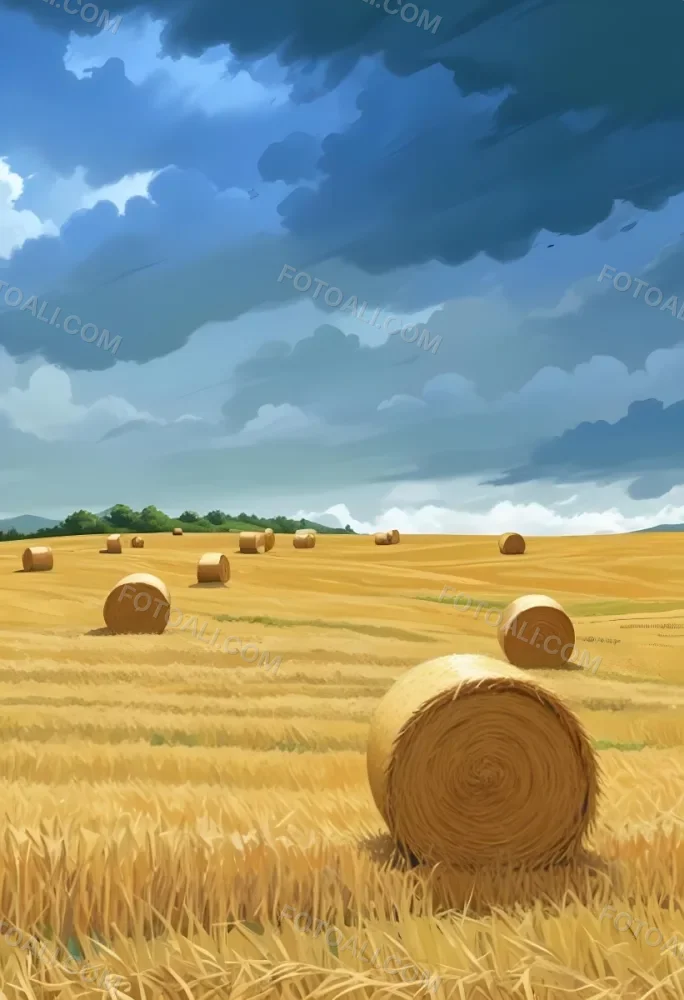 A Field With Golden Hay Bales Scattered Across A Rolling Landscape Under A Dramatic Cloudy Sky With Lush Green Hills In The Background 6 Dc83