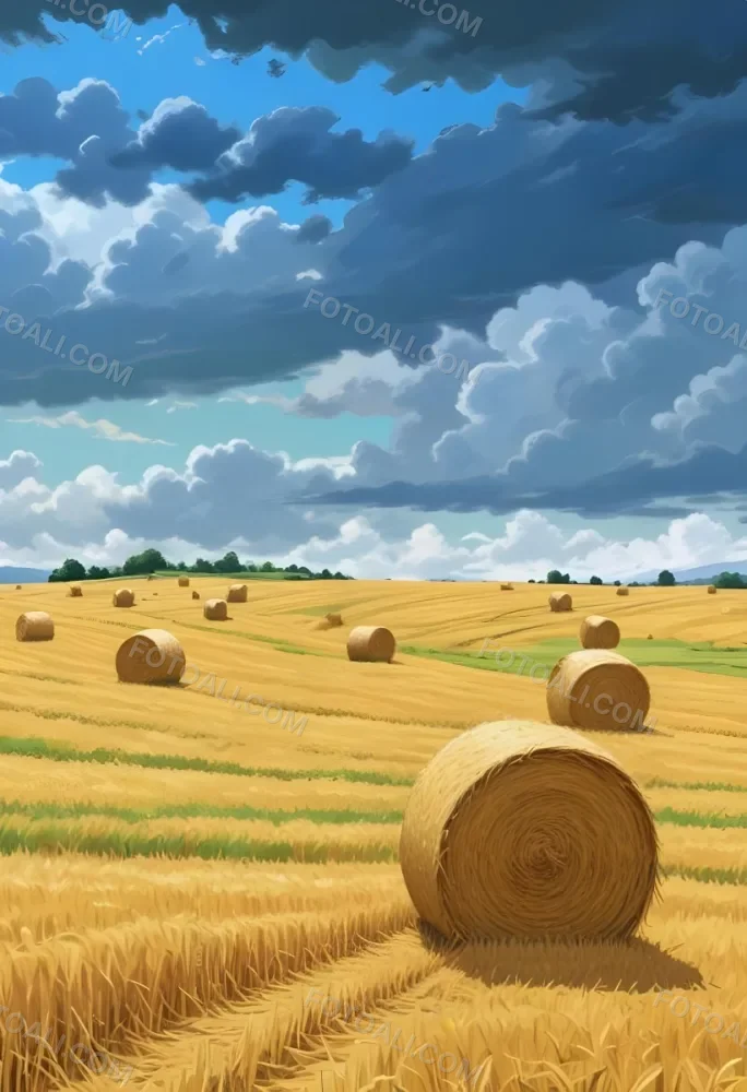 A Field With Golden Hay Bales Scattered Across A Rolling Landscape Under A Dramatic Cloudy Sky With Lush Green Hills In The Background 7 4077