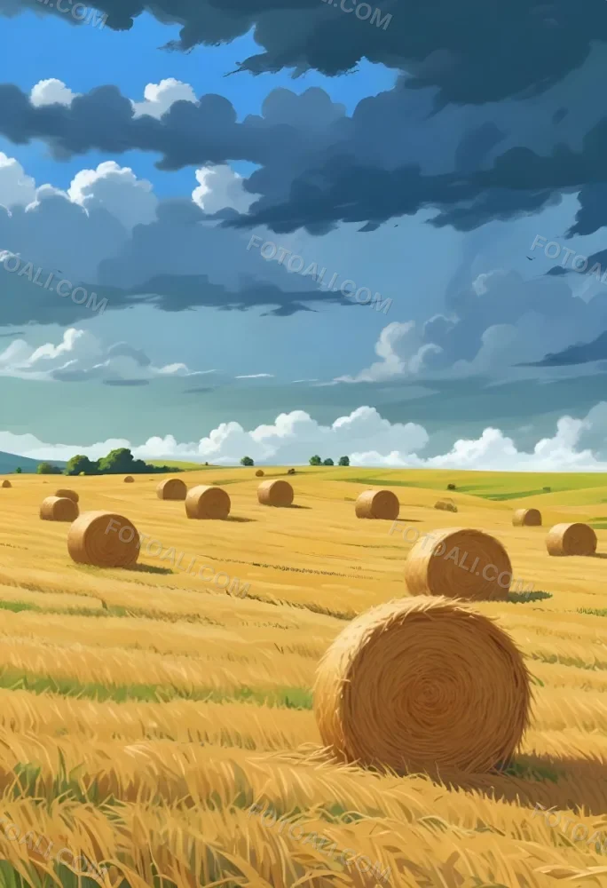 A Field With Golden Hay Bales Scattered Across A Rolling Landscape Under A Dramatic Cloudy Sky With Lush Green Hills In The Background 8 D263