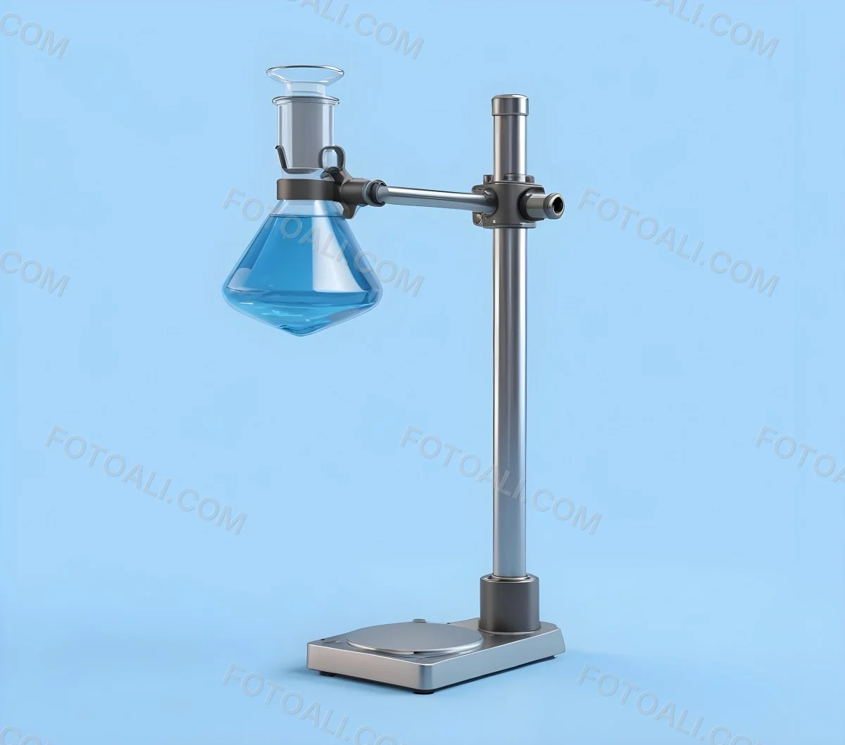A Flask With Blue Liquid Held By A Metal Stand Laboratory Equipment Science Concept Light Blue Background 1 4b8a