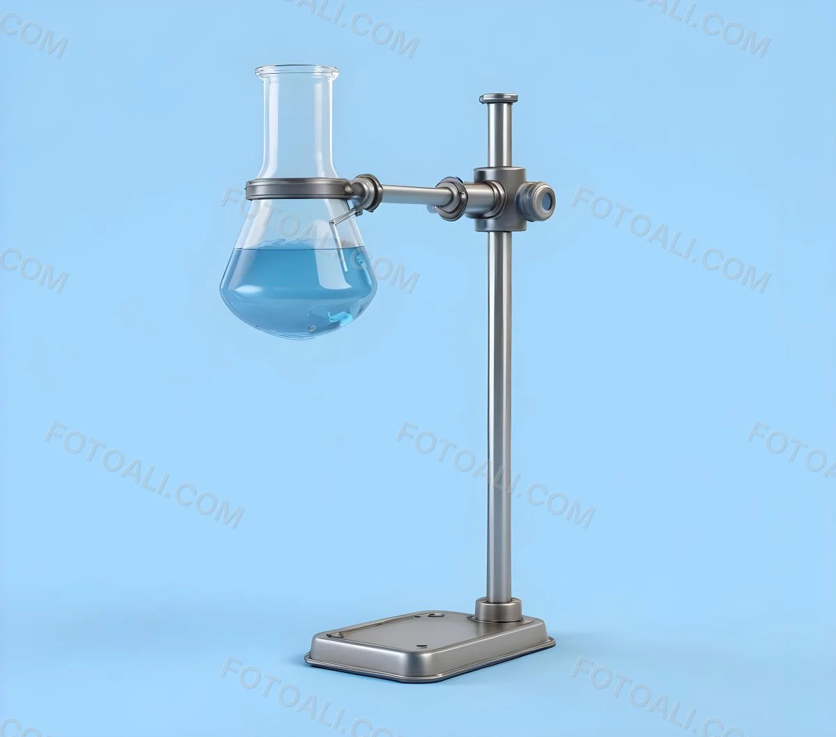 A Flask With Blue Liquid Held By A Metal Stand Laboratory Equipment Science Concept Light Blue Background 2 5a26