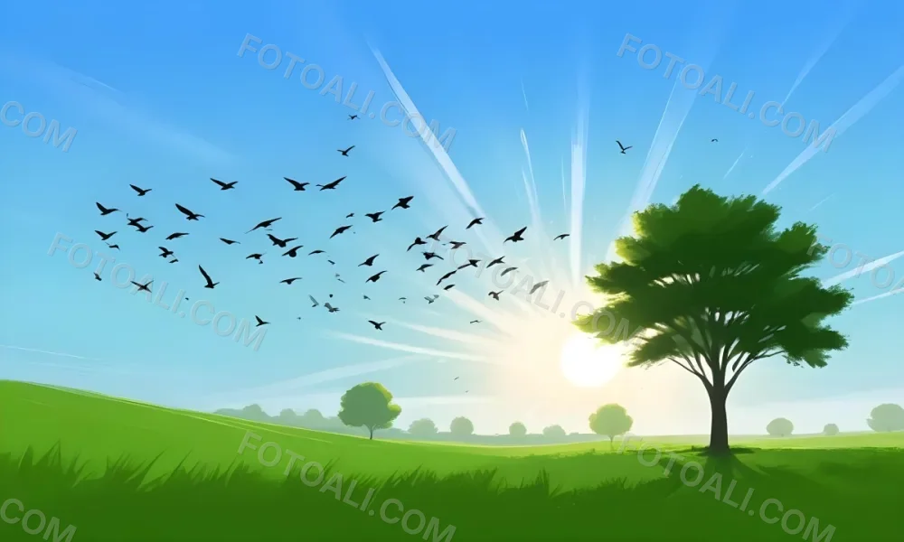 A Flock Of Birds Flying Over A Green Field With A Tree On The Background The Sun Is Rising In The Background 11 193e